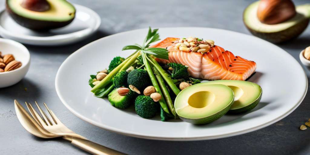 alt=Plato de Dieta Keto limpia con salmón a la plancha, aguacate y espárragos