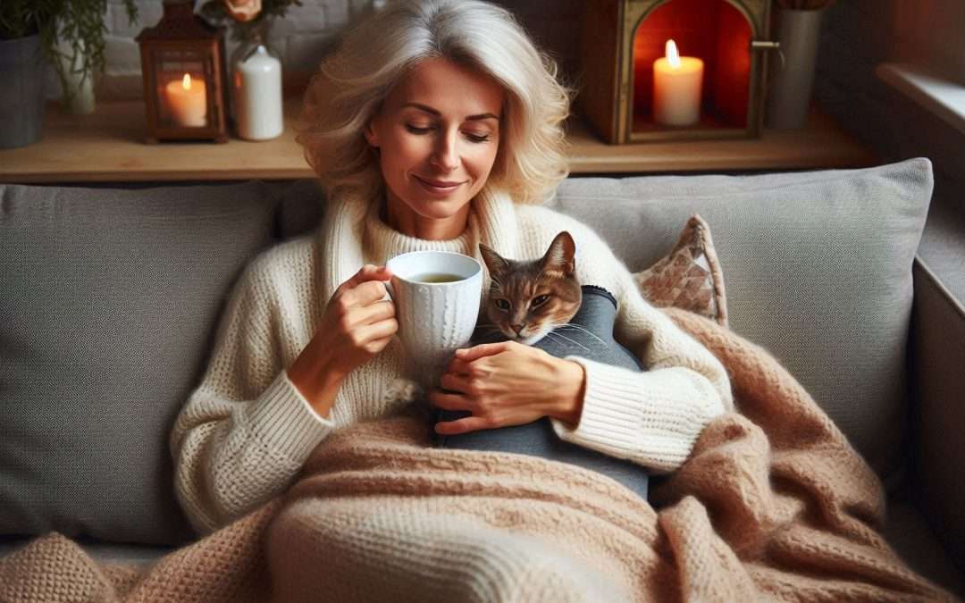 alt=mujer relajada con un gato tomando infusión para aliviar síntomas de la menopausia