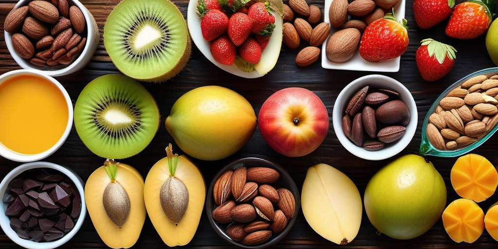 alt=grupo de alimentos antioxidantes, kiwi, aguacate, manzana, frutos rojos, fresas, que se utilizan en dietética y nutrición holística