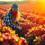 alt=mujer en campo de plantas medicinales al atardecer