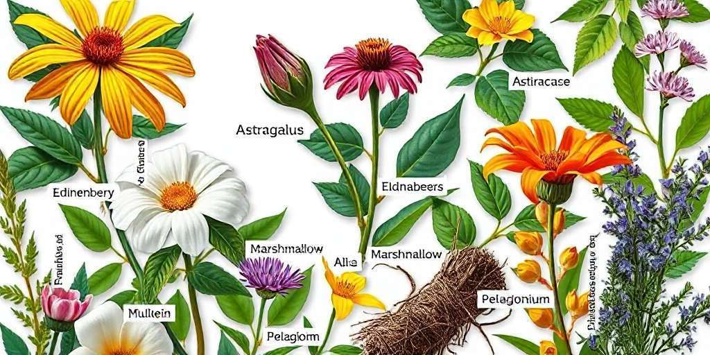 alt=Un surtido de plantas medicinales para el invierno, incluyendo equinácea, saúco y tomillo, preparadas para infusión.