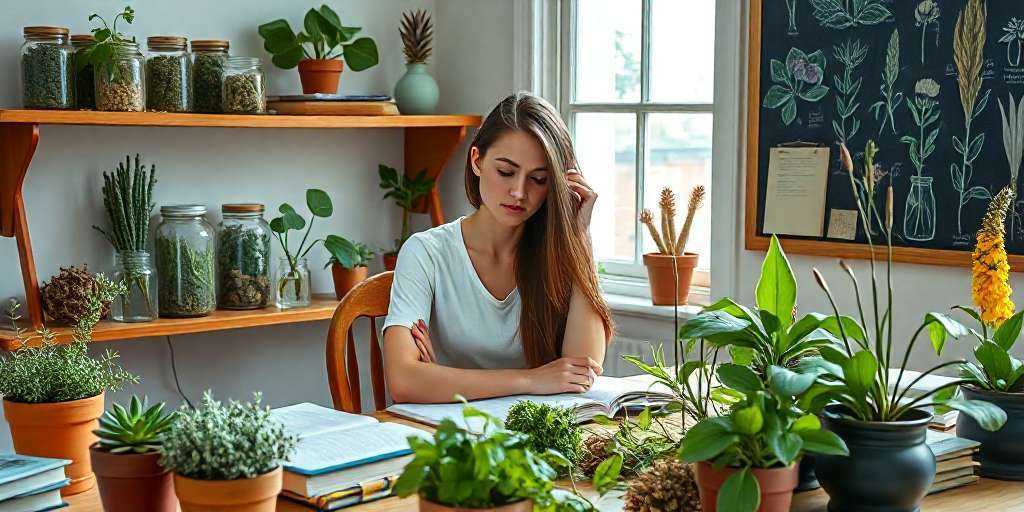 alt=mujer joven estudiando con plantas medicinales en la mesa de trabajo