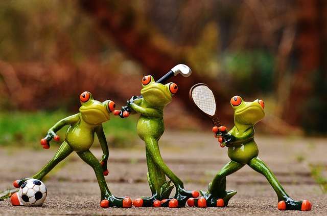 alt=grupo de ranas jugando futbol, tenis y golf que utilizan fitoterapia deportiva