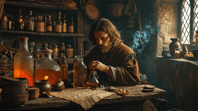 alt=alquimsta en su laboratorio preparando productos basados en el vitalismo y la filosofia naturista para la autocuración